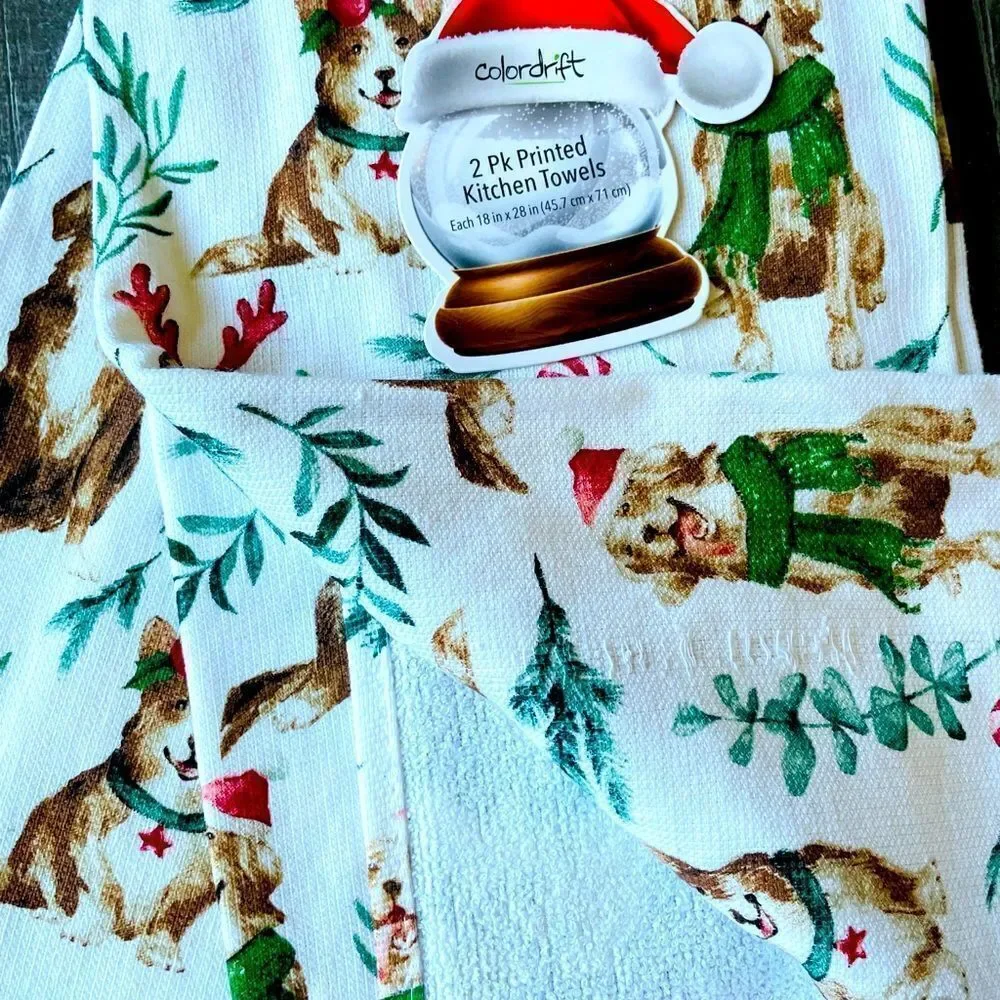 Christmas Dogs Lab Corgi Print Holiday Kitchen Dish Towels Set